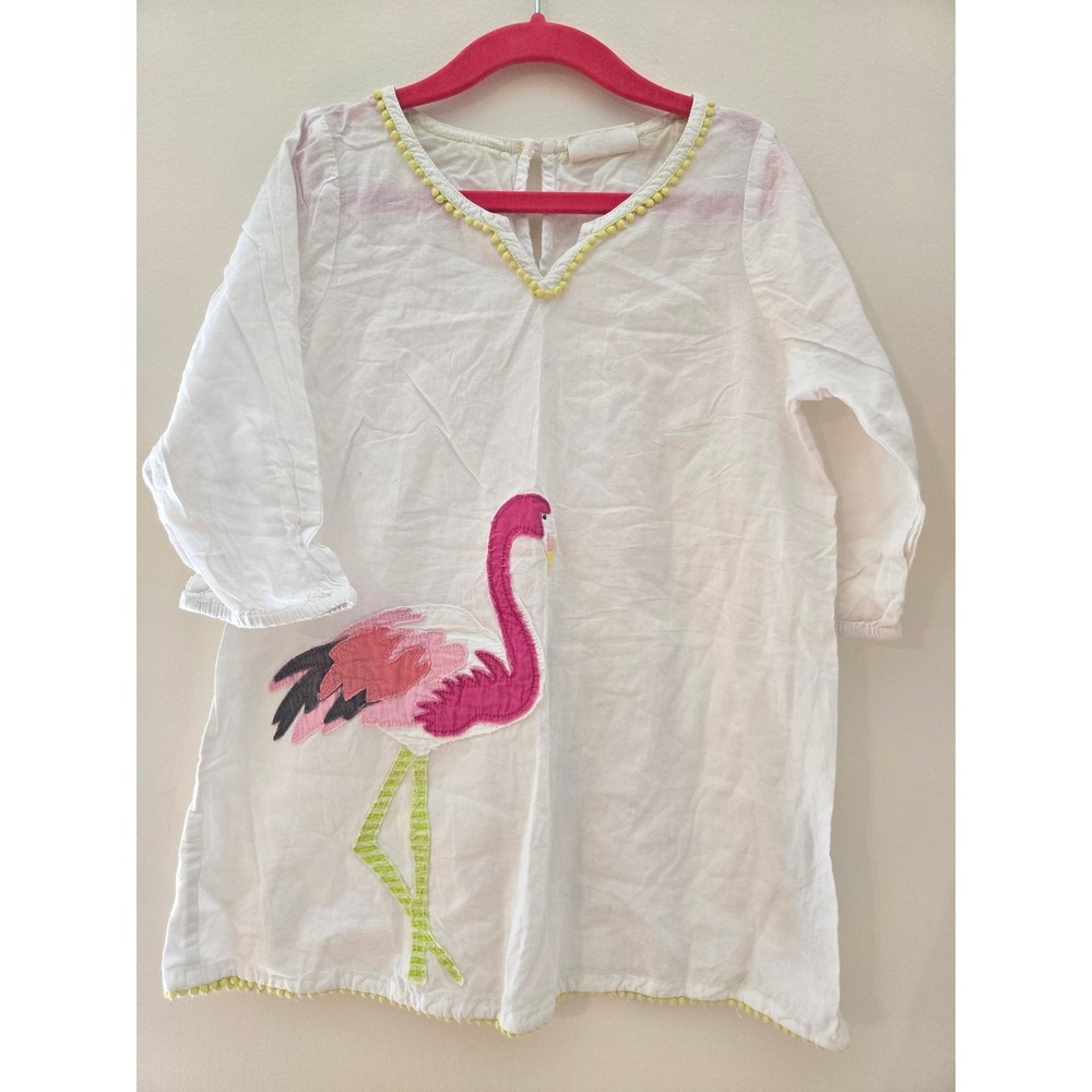 Mini Boden Girls White Flamingo Applique Pom Pom Tunic Dress 5-6Y 36131